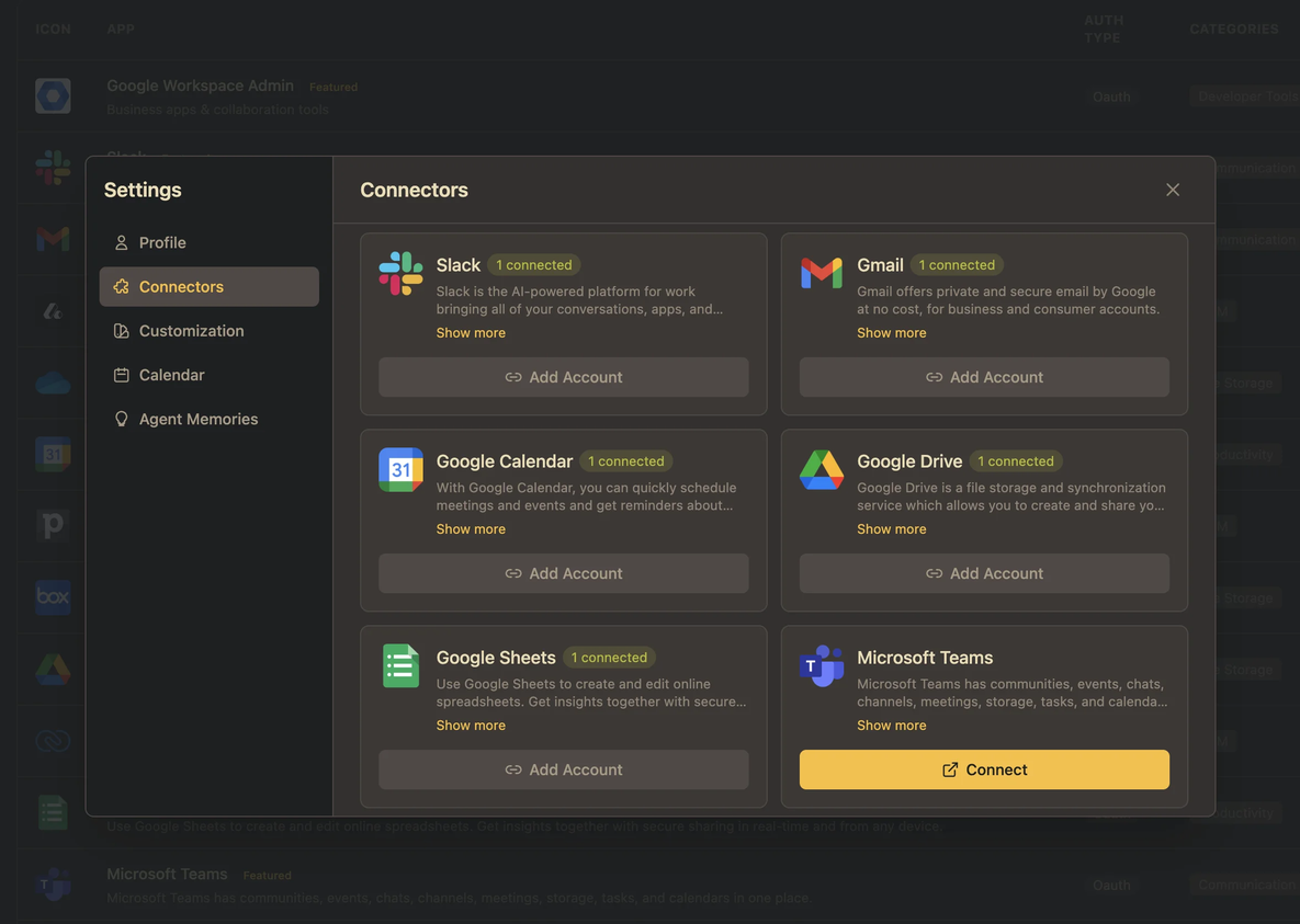 Chiri Platform — Integrations and connectors panel